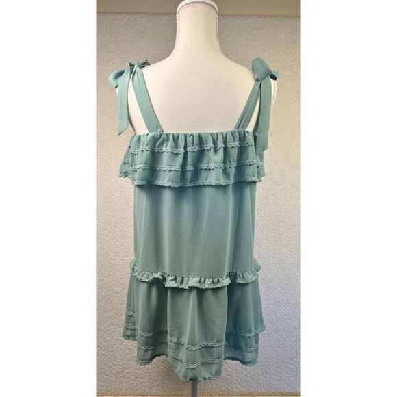 Tobi Womens Ruffle Dress Blue/Green Tie Shoulder Strap Mini Tiered‎ Size Medium - Picture 3 of 8